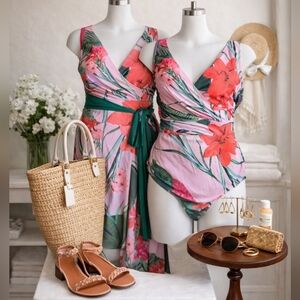 Tropical Floral One-Piece Swimsuit + Matching Wrap Skirt | Plus Size 4X | NWOT